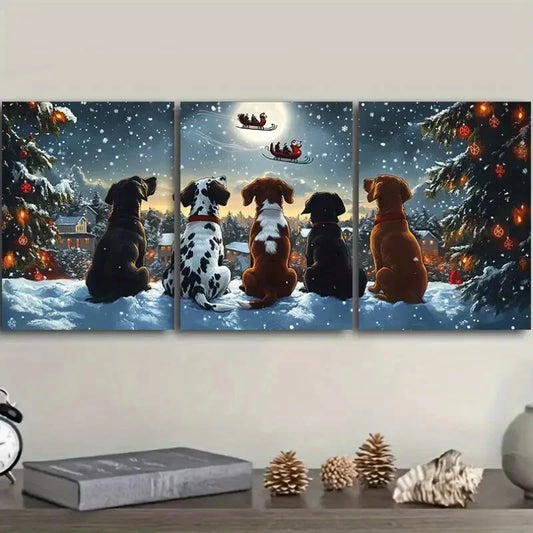 3pcs Festive Dogs Watching Santa Claus, Metal Print Ready to Hang Art