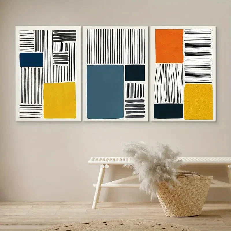 3pcs 3 Color Block Collage Abstract Shapes Wall Art Set Canvas Framed 40x60cm - High Quality Print 100% Australian Made Wall Canvas Ready to Hang