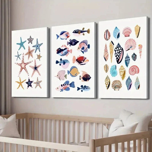 3pcs Starfish Shells And Tropical Fish Wall Art Set Canvas Framed 40x60cm - High Quality Print 100% Australian Made Wall Canvas Ready to Hang