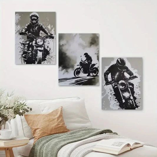 3pcs Black and White Motocross Racing Metal Print Ready to Hang Art