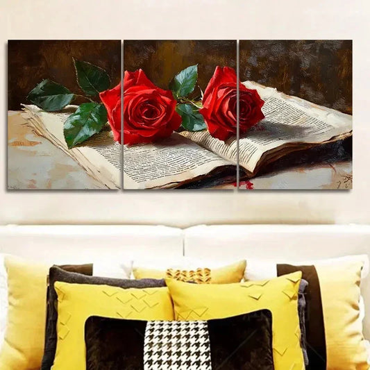 3pcs Red roses from the newspaper  Wall Art Set Canvas Framed 40x60cm - High Quality Print 100% Australian Made Wall Canvas Ready to Hang