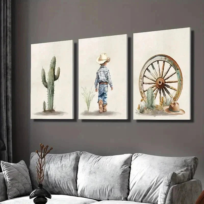 3pcs Green Cactus Cowboy Boy Desert Theme Wall Art Set Canvas Framed 40x60cm - High Quality Print 100% Australian Made Wall Canvas Ready to Hang