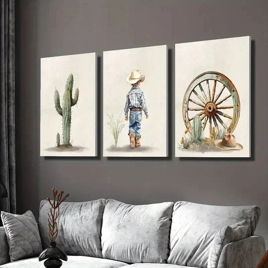 3pcs Green Cactus Cowboy Boy Desert Theme Wall Art Set Canvas Framed 40x60cm - High Quality Print 100% Australian Made Wall Canvas Ready to Hang