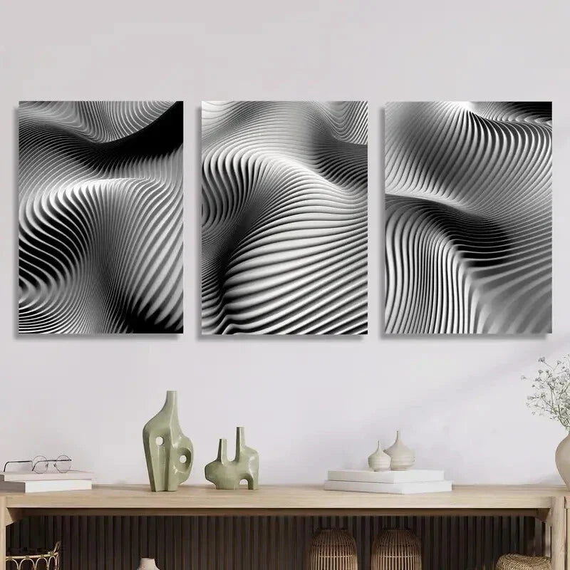 3pcs Black and White Abstract Twisted Metal Print Ready to Hang Art