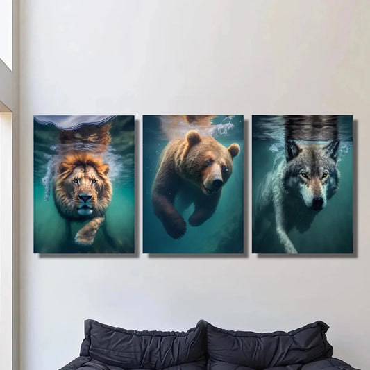 3pcs Beasts Underwater Lions Bears and Wolves Metal Print Ready to Hang Art