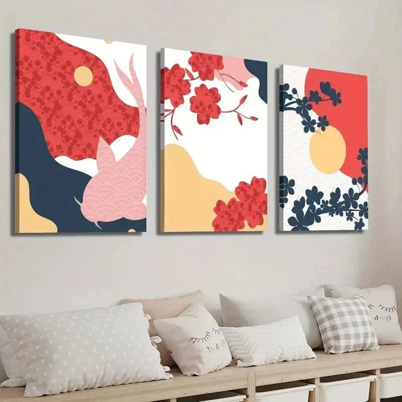 3pcs Japanese Flower Animal & Fish Illustration Wall Art Set Canvas Framed 40x60cm - High Quality Print 100% Australian Made Wall Canvas Ready to Hang