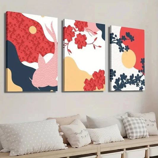 3pcs Japanese Flower Animal & Fish Illustration Wall Art Set Canvas Framed 40x60cm - High Quality Print 100% Australian Made Wall Canvas Ready to Hang
