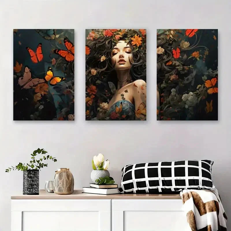 3pcs Vibrant Butterfly & Floral Women in Floral Metal Print Ready to Hang Art