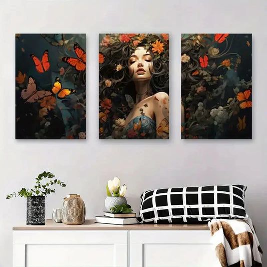 3pcs Vibrant Butterfly & Floral Women in Floral Metal Print Ready to Hang Art