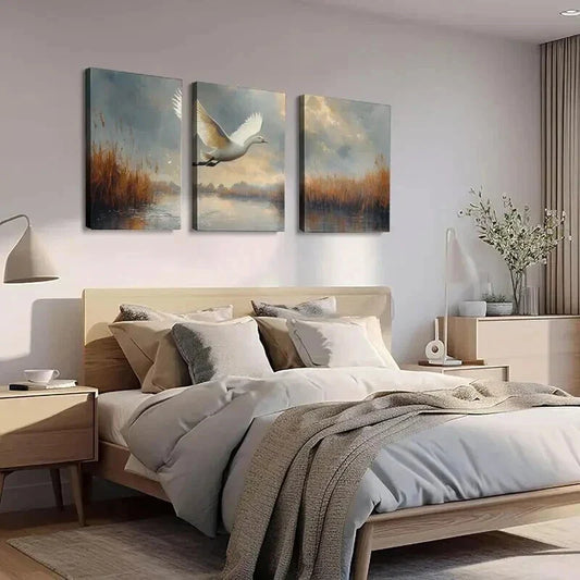 3pcs Serene Landscape with Swans and Reeds Wall Art Set Canvas Framed 40x60cm - High Quality Print 100% Australian Made Wall Canvas Ready to Hang