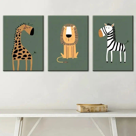 3pcs Featuring a Giraffe, Lion, And Zebra Metal Print Ready to Hang Art