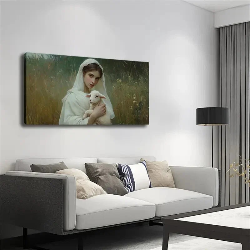 Woman Holding A Little Lamb Wall Art Canvas Office Home Room Framed 120x60cm