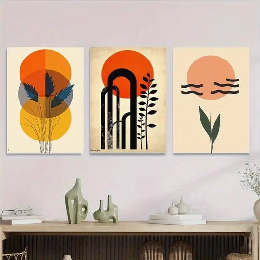 3pcs Modern Abstract Vibrant Orange and Black Metal Print Ready to Hang Art