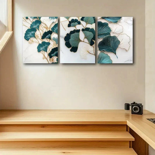 3pcs Ginkgo Biloba Teal & Golden Leaf Design Metal Print Ready to Hang Art