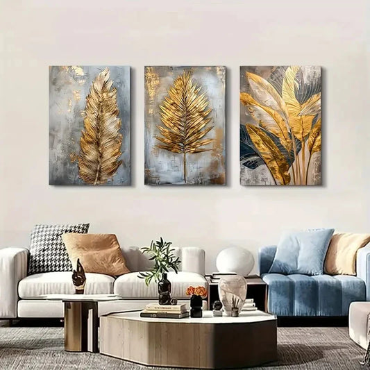3pcs   Golden Leaves & Feather Metal Print Ready to Hang Art