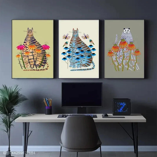 3pcs Animal Portrait Art Poster Floral Poster Metal Print Ready to Hang Art