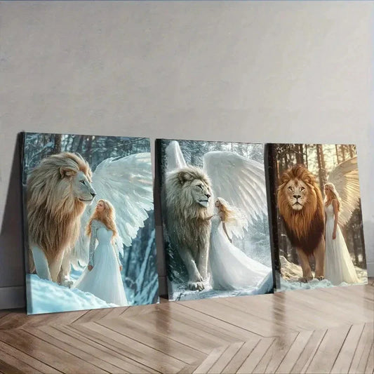 3pcs The girl and the lion in the snow  Wall Art Set Canvas Framed 40x60cm - High Quality Print 100% Australian Made Wall Canvas Ready to Hang
