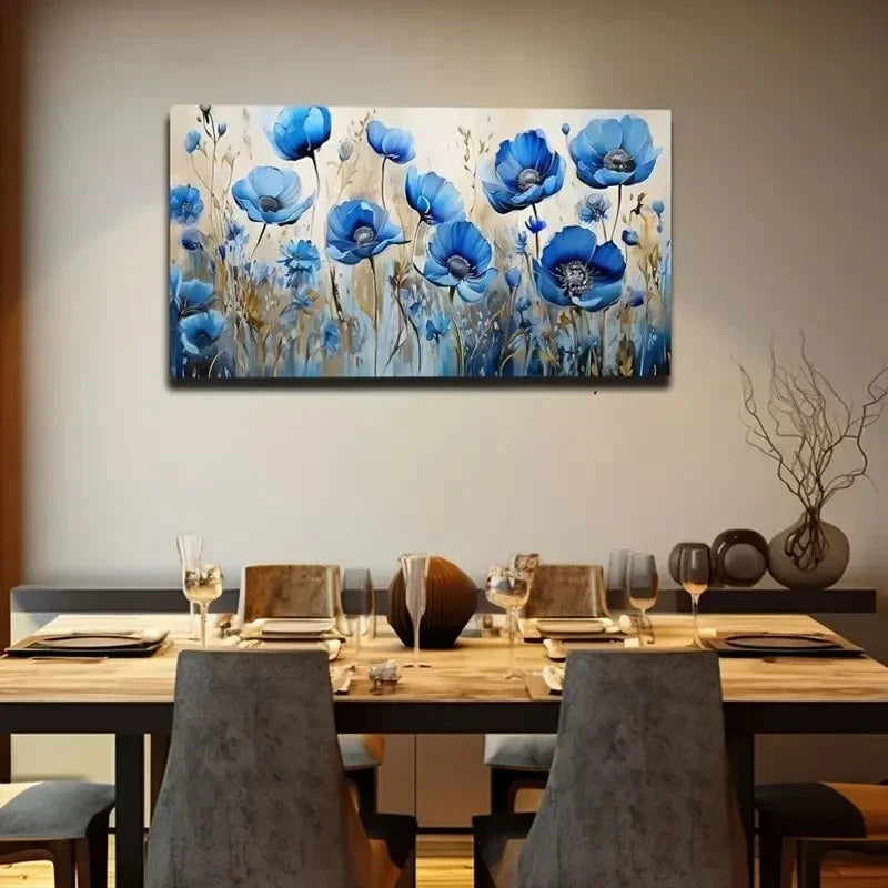 Color Blue Flowers Watercolor Wall Art Canvas Office Home Room Framed 120x60cm