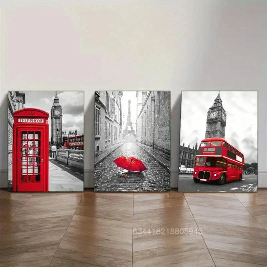 3pcs Black and white buildings, red vehicles, Metal Print Ready to Hang Art