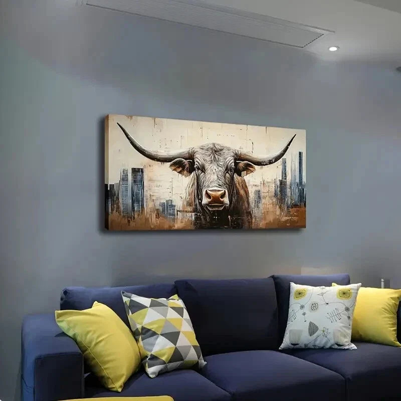 Sturdy Bull Amidst the City Wall Art Canvas Office Home Room Framed 120x60cm