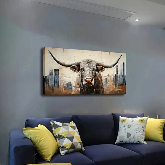 Sturdy Bull Amidst the City Wall Art Canvas Office Home Room Framed 120x60cm