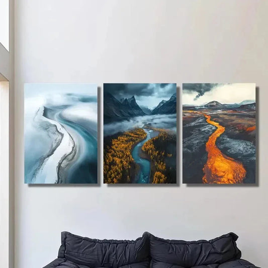 3pcs  Aerial Views, a Glacier River Landscape Metal Print Ready to Hang Art