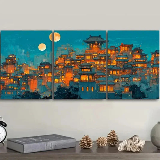 3pcs Bustling city Art Painting Metal Print Ready to Hang Art
