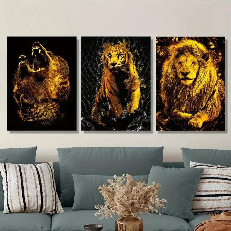 3pcs Featuring Golden Animal Portraits of Bears Metal Print Ready to Hang Art