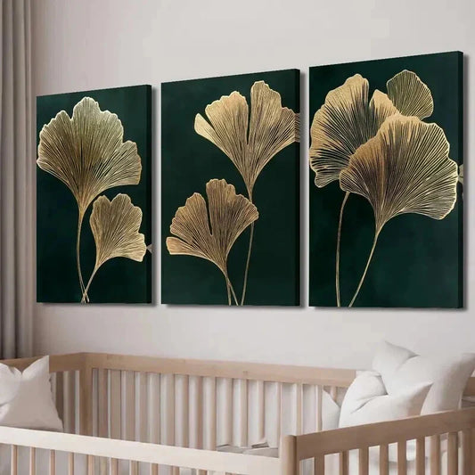 3pcs Emerald Green Golden Ginkgo Leaf Wall Art Set Canvas Framed 40x60cm - High Quality Print 100% Australian Made Wall Canvas Ready to Hang
