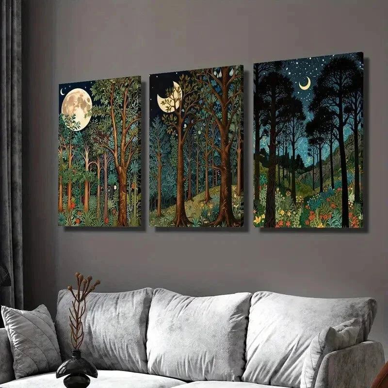 3pcs Classic Moonlit Forest Landscape Wall Art Set Canvas Framed 40x60cm - High Quality Print 100% Australian Made Wall Canvas Ready to Hang