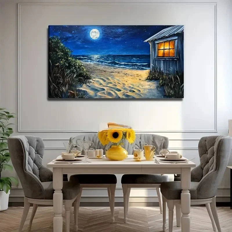 Beach Moon Serene Nighttime Wall Art Canvas Office Home Room Framed 120x60cm