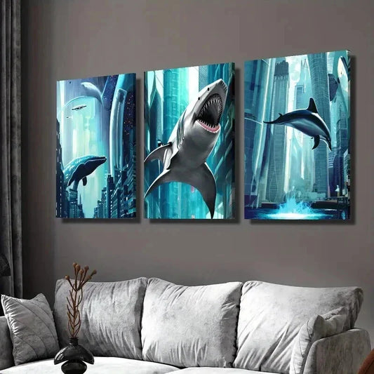 3pcs Flying Fish Fantasy Theme Illustration Wall Art Set Canvas Framed 40x60cm - High Quality Print 100% Australian Made Wall Canvas Ready to Hang