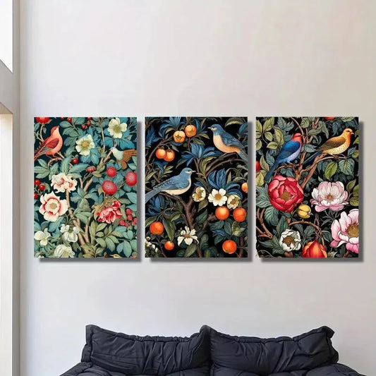 3pcs Plants flowers, birds, watercolor painting, Metal Print Ready to Hang Art