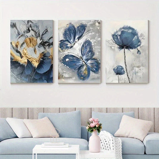 3pcs Luxury Butterfly Flower Blue Metal Print Ready to Hang Art