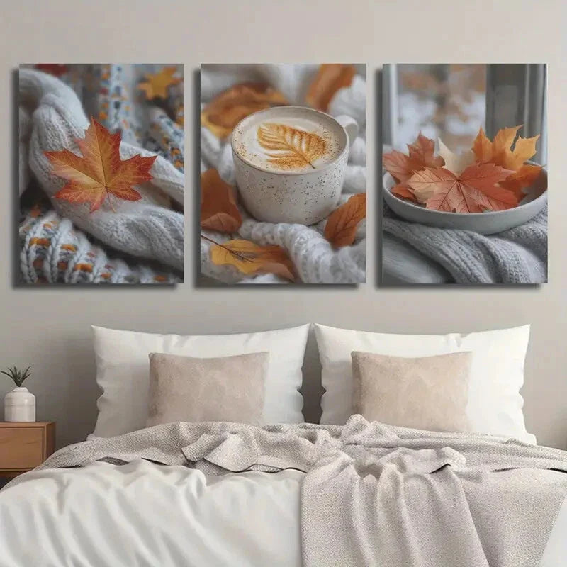 3pcs Winter Wool Sweater and Botanical Autumn Metal Print Ready to Hang Art