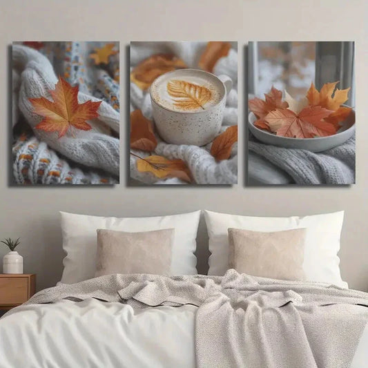 3pcs Winter Wool Sweater and Botanical Autumn Metal Print Ready to Hang Art