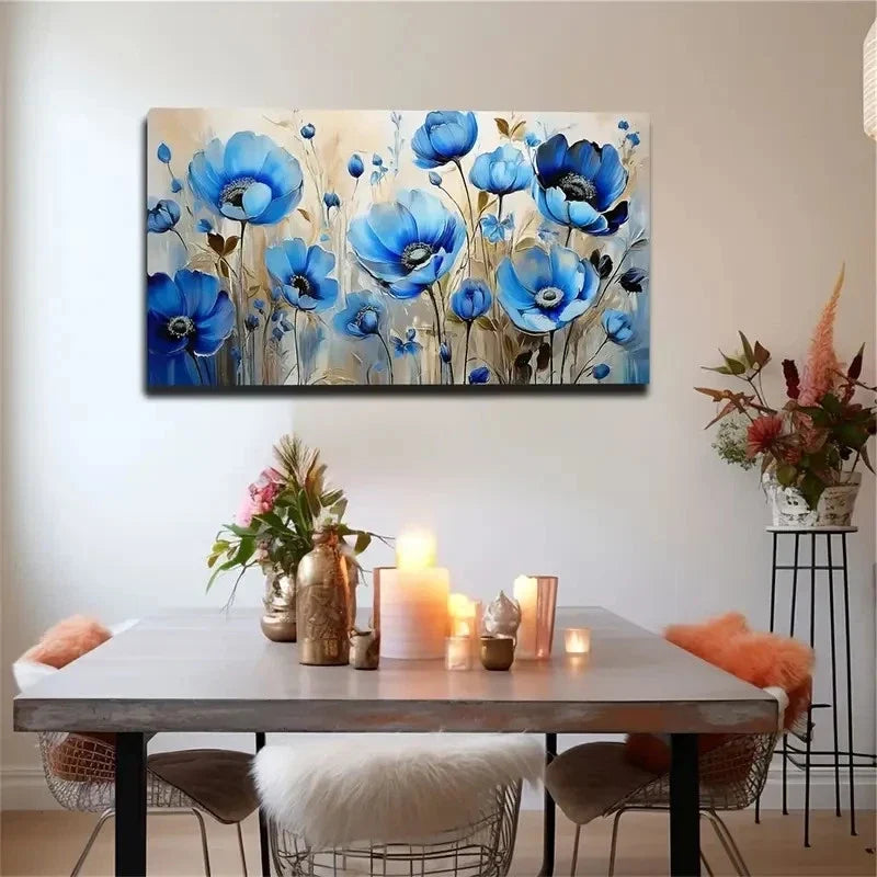 Blue Petals Yellow Leaves Wall Art Canvas Office Home Room Framed 80x45cm