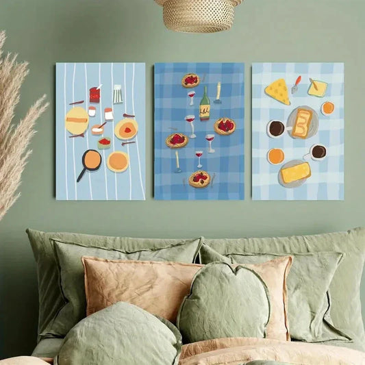 3pcs Pancakes, Spaghetti, Red Wine & Cheese Metal Print Ready to Hang Art