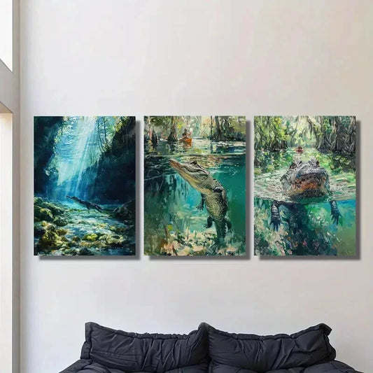 3pcs crocodiles in water, crocodile swamp, Metal Print Ready to Hang Art