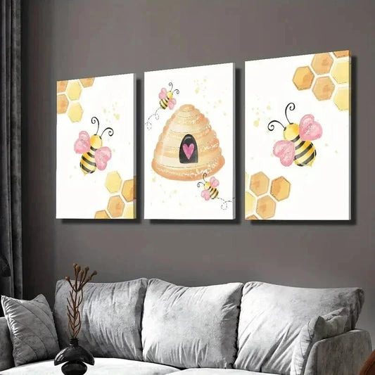 3pcs Cute Cartoon Bees & Honeycomb Wall Art Set Canvas Framed 40x60cm - High Quality Print 100% Australian Made Wall Canvas Ready to Hang