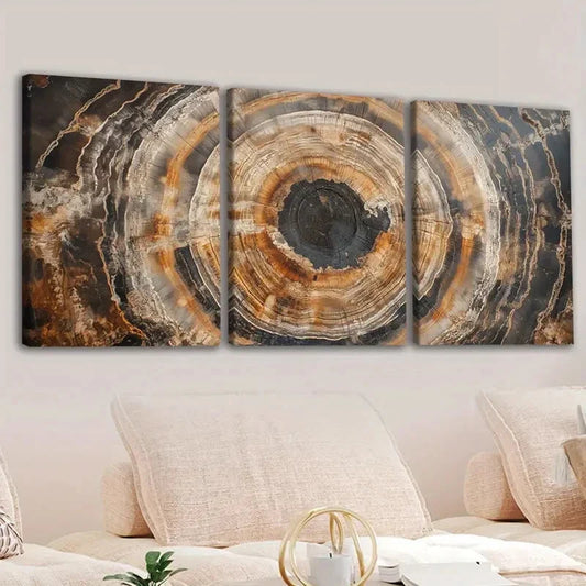 3pcs Abstract Tree Ring Brown Black Gold White Wall Art Set Canvas Framed 40x60cm - High Quality Print 100% Australian Made Wall Canvas Ready to Hang
