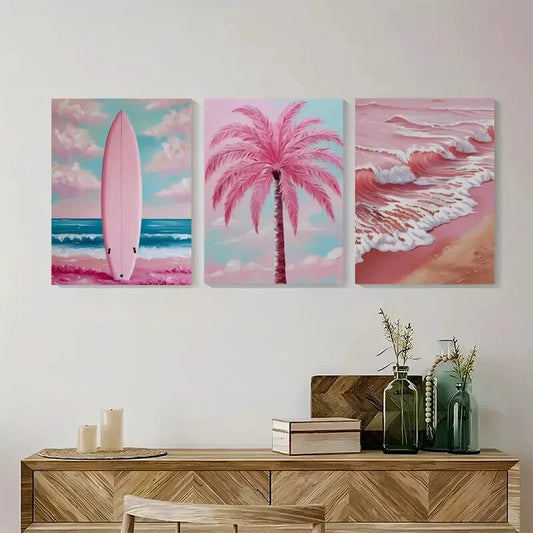 3pcs Pink Ocean Pictures Beach Painting Metal Print Ready to Hang Art
