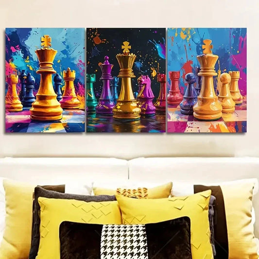 3pcs   Digital Illustration of a Chess Piece Wall Art Set Canvas Framed 40x60cm - High Quality Print 100% Australian Made Wall Canvas Ready to Hang