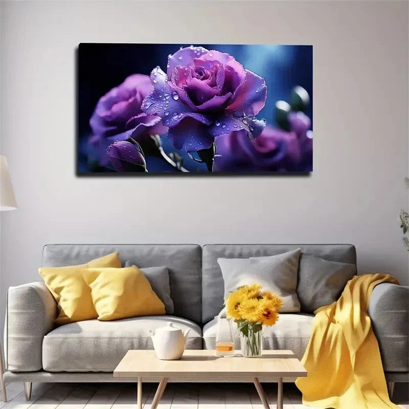 Vibrant Blue & Purple Rose Wall Art Canvas Office Home Room Framed 80x45cm