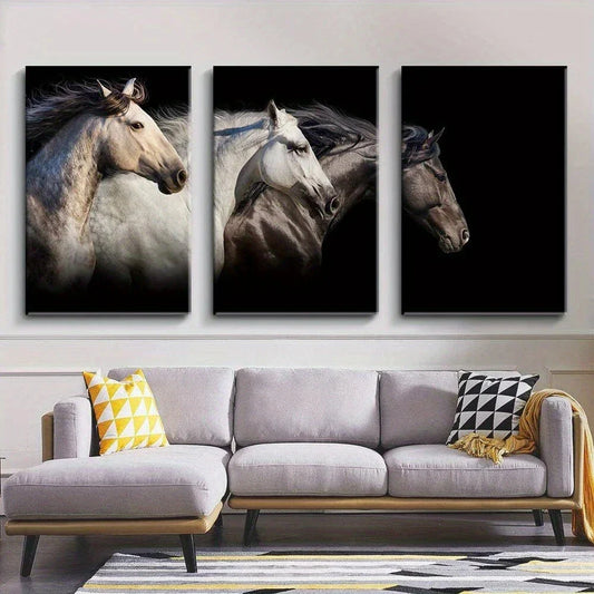 3pcs Black & White Horses Animals Wildlife Metal Print Ready to Hang Art