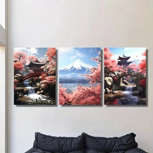 3pcs Japanese style, cherry blossom trees, retro Metal Print Ready to Hang Art