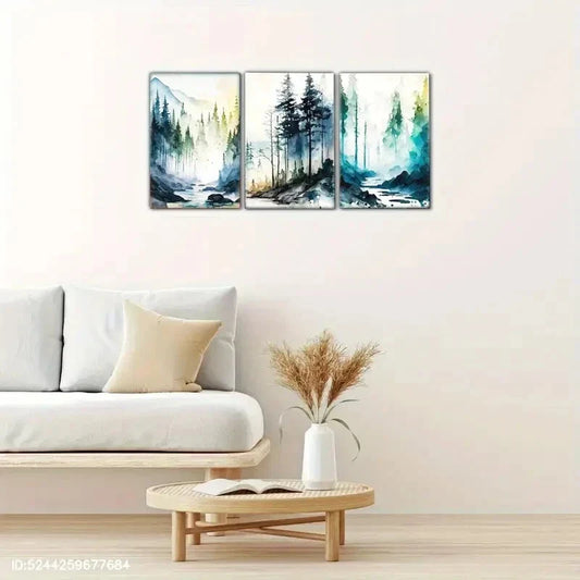 3pcs Serene Mountain & Forest Scenes Watercolor Metal Print Ready to Hang Art