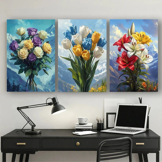 3pcs Multi-Color Flower Bouquet Metal Print Ready to Hang Art