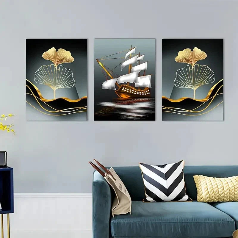 3pcs American Style Flower and Boat Metal Print Ready to Hang Art