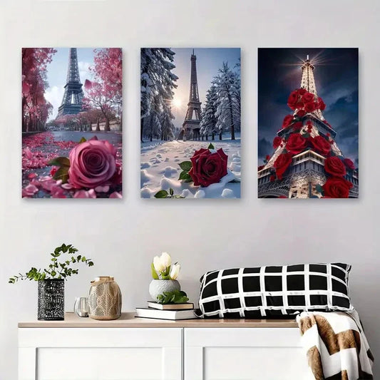 3pcs Romantic Paris Landscape with Roses, Seasona Metal Print Ready to Hang Art